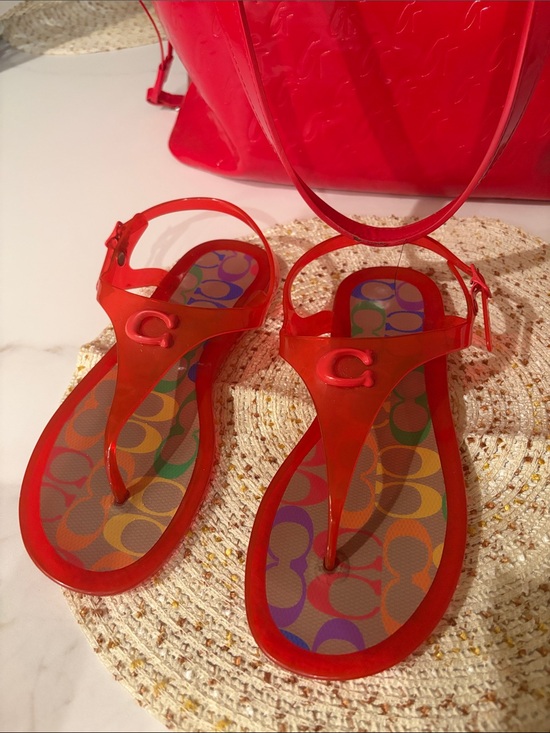 Coach Shoes - Coach Red Jelly T-Strap Sandals with Multicolor Printed Footbed